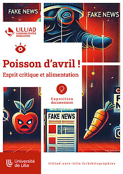 Affiche de l'exposition documentaire Poisson d'avril comprenant une main tenant des fils de marionettes une tomate, une carotte et un téléphone portable